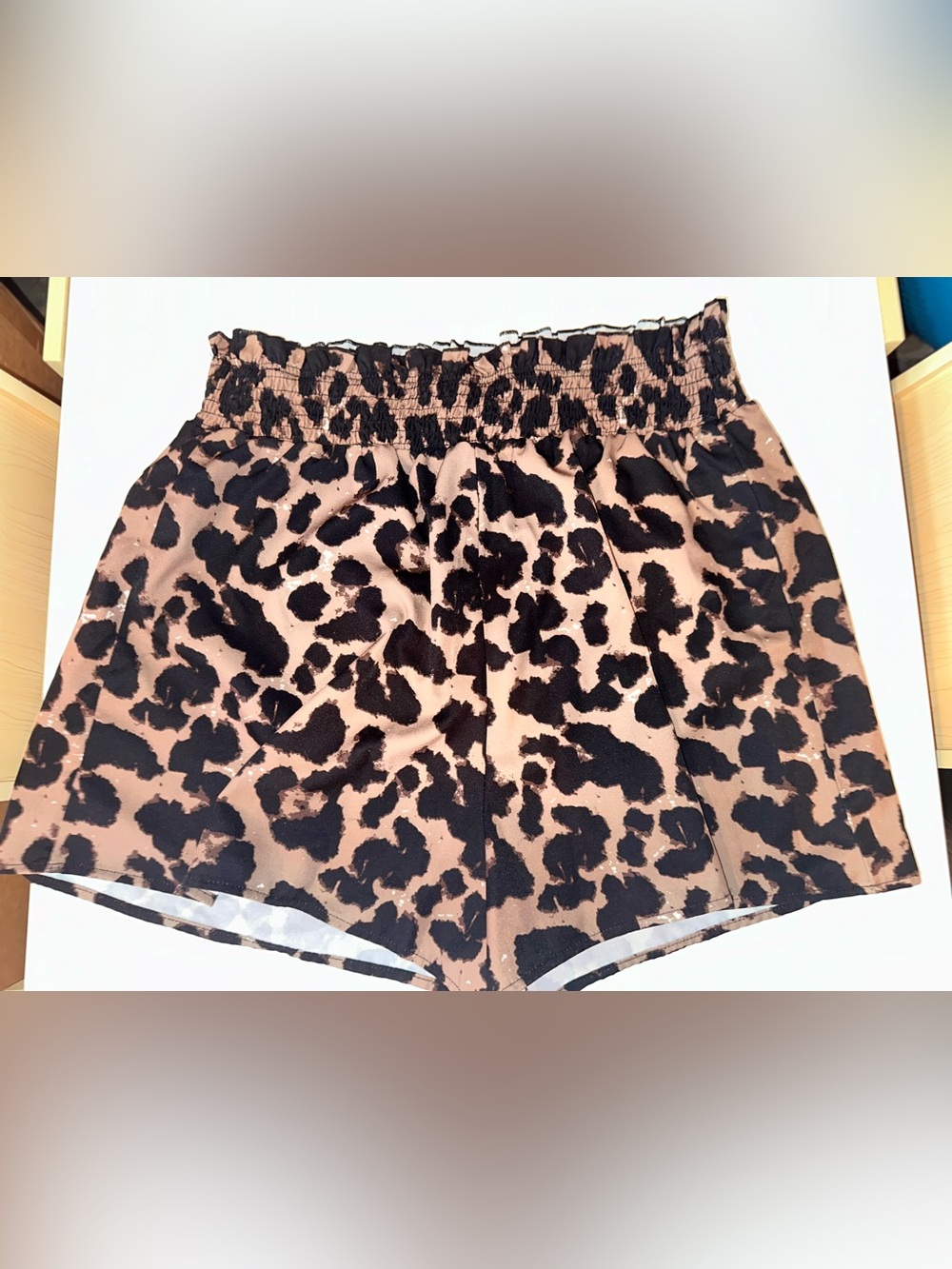 SHEIN Black & Tan Leopard Smocked Waist Shorts - Picture 1 of 3